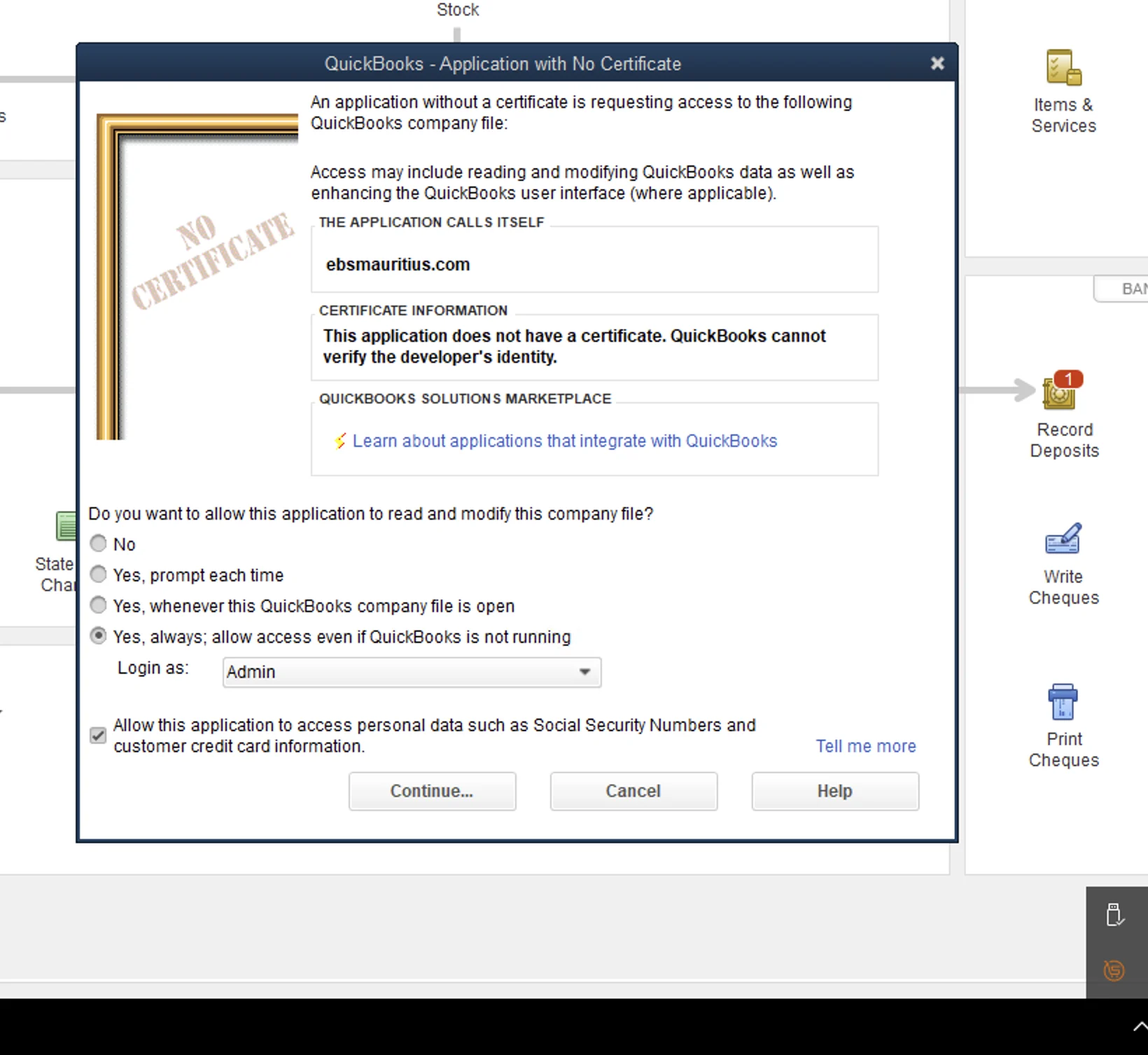 QuickBooks Desktop integration approval dialog showing ebsmauritius.com requesting access to a company file and the always-allow access option selected.