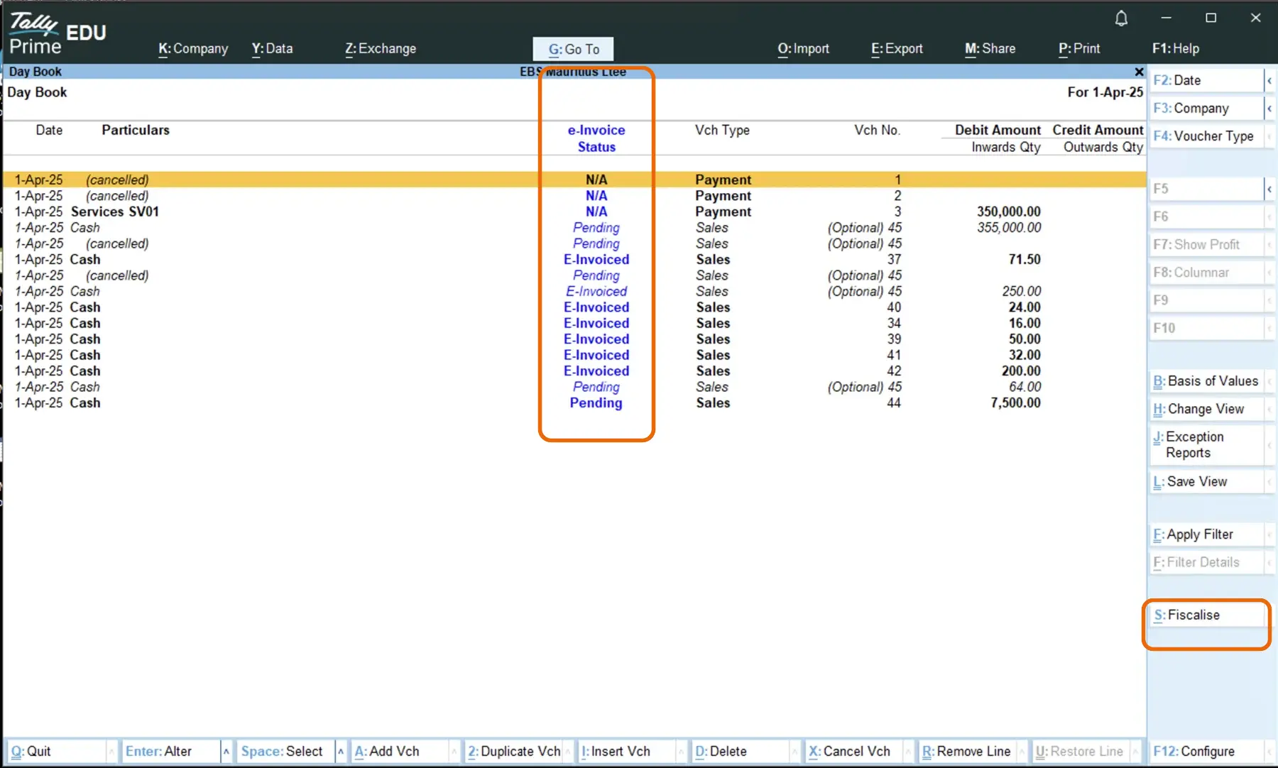 Tally Prime Day Book with orange highlights around the e-Invoice Status column and the Fiscalise button in the right panel.
