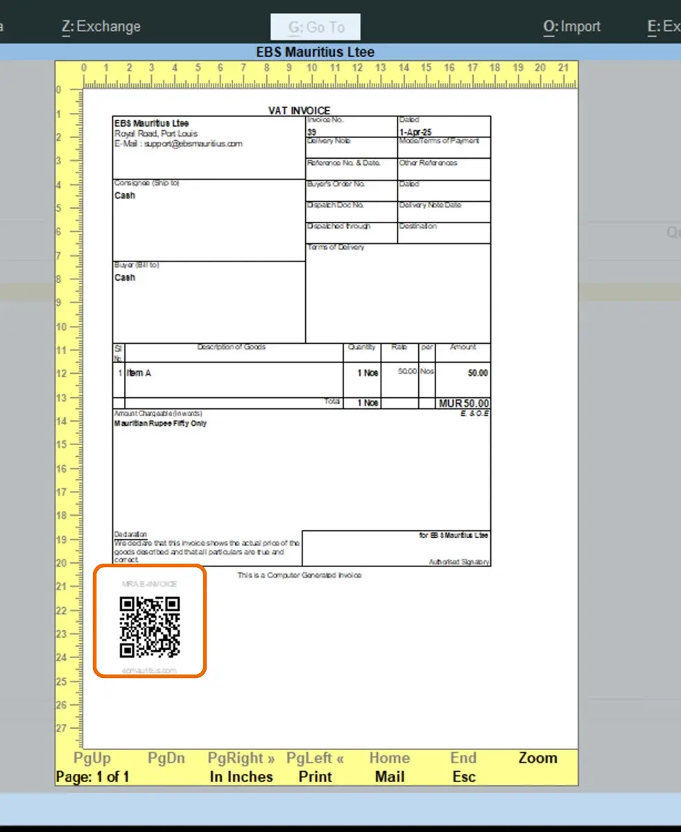 Tally Prime VAT invoice print preview with an orange highlight around the QR code area at the bottom.
